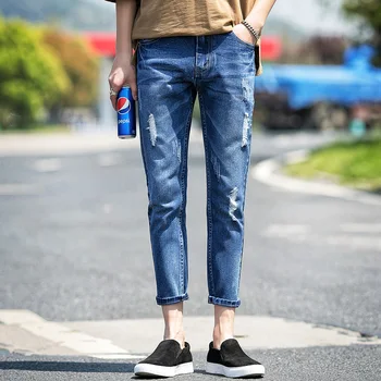 

Men's Nine-point Hole In Cowboy Trousers, Trim, Legs, Loose, Straight Tube, 100-point Pants, Men's Trend.