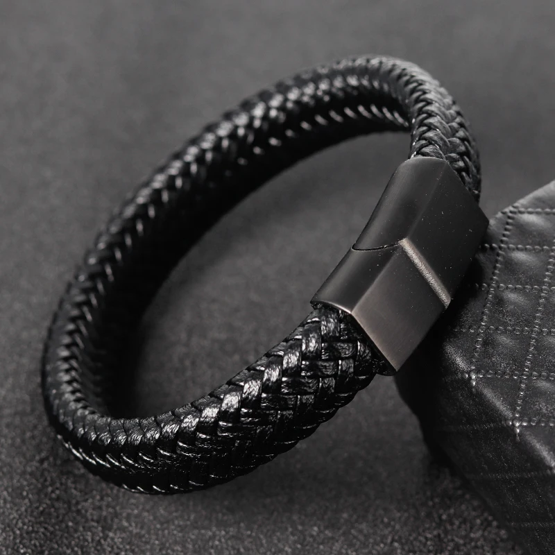 

Fashion Genuine Leather Braid Bracelet Punk Stainless Steel Bangle Magnetic Clasp Black Rope Chain for Men Jewelry