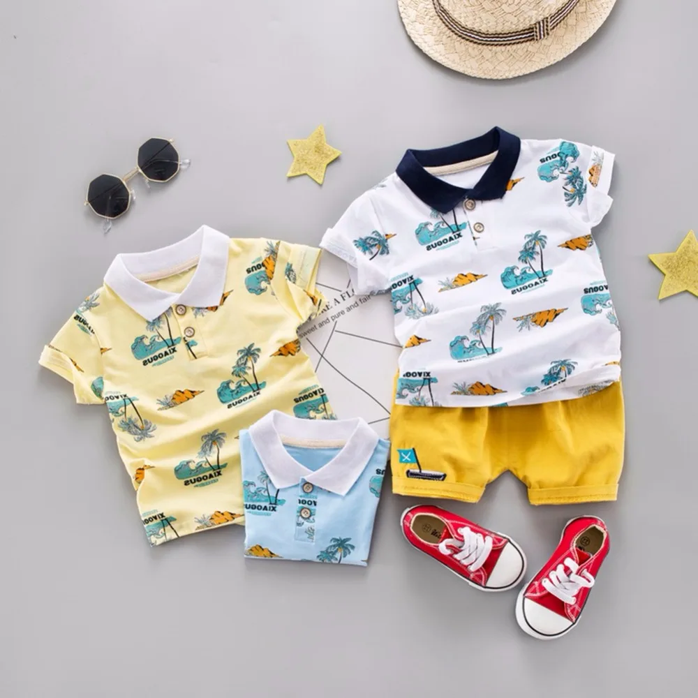

Kids fashion Cotton Clothes Summer Baby Boys Short Sleeve Trees Print Tops Blouse T-shirt+Shorts Children Casual Outfits Sets