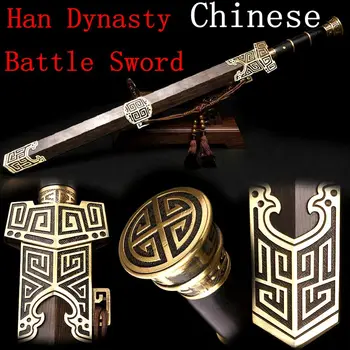 

Hand Carved Full Brass Fitted/ Ebony Wood SAYA/Hand-made Boutique Chinese Sword Han Jian Full Tang Damascus Steel Blade Sharp