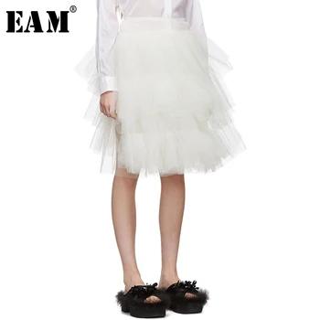 

[EAM] 2020 New Spring Summer High Elastic Waist Black Layers Mesh Split Joint Temperament Half-body Skirt Women Fashion JW635