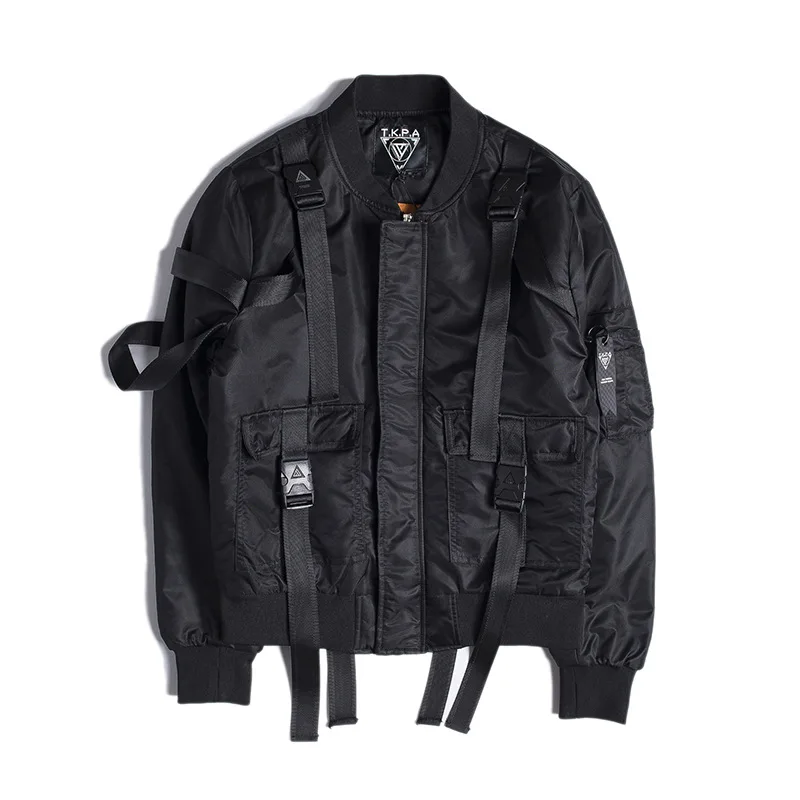 Уличный сплошной цвет ремень пилоты MA1 куртка Tide бренд рок панк стиль утолщение пальто прилива Мужская городская одежда Tyga - Цвет: Черный