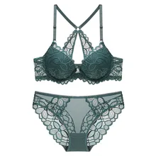 Сексуальный комплект с бюстгальтером с застежкой спереди, кружевное женское нижнее белье с вышивкой, модный зеленый бюстгальтер с глубоким v-образным вырезом и пуш-ап, плотный хлопковый комплект нижнего белья