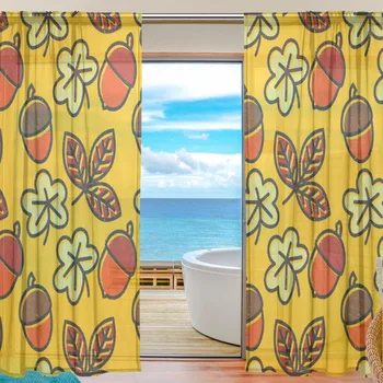 

Sheer Door Curtain Panels W55x L78 Inch/55x L84 Inch,Autumn Leaves Pine Cone Yellow Window Curtains Voile Sheers 2 Panels Set