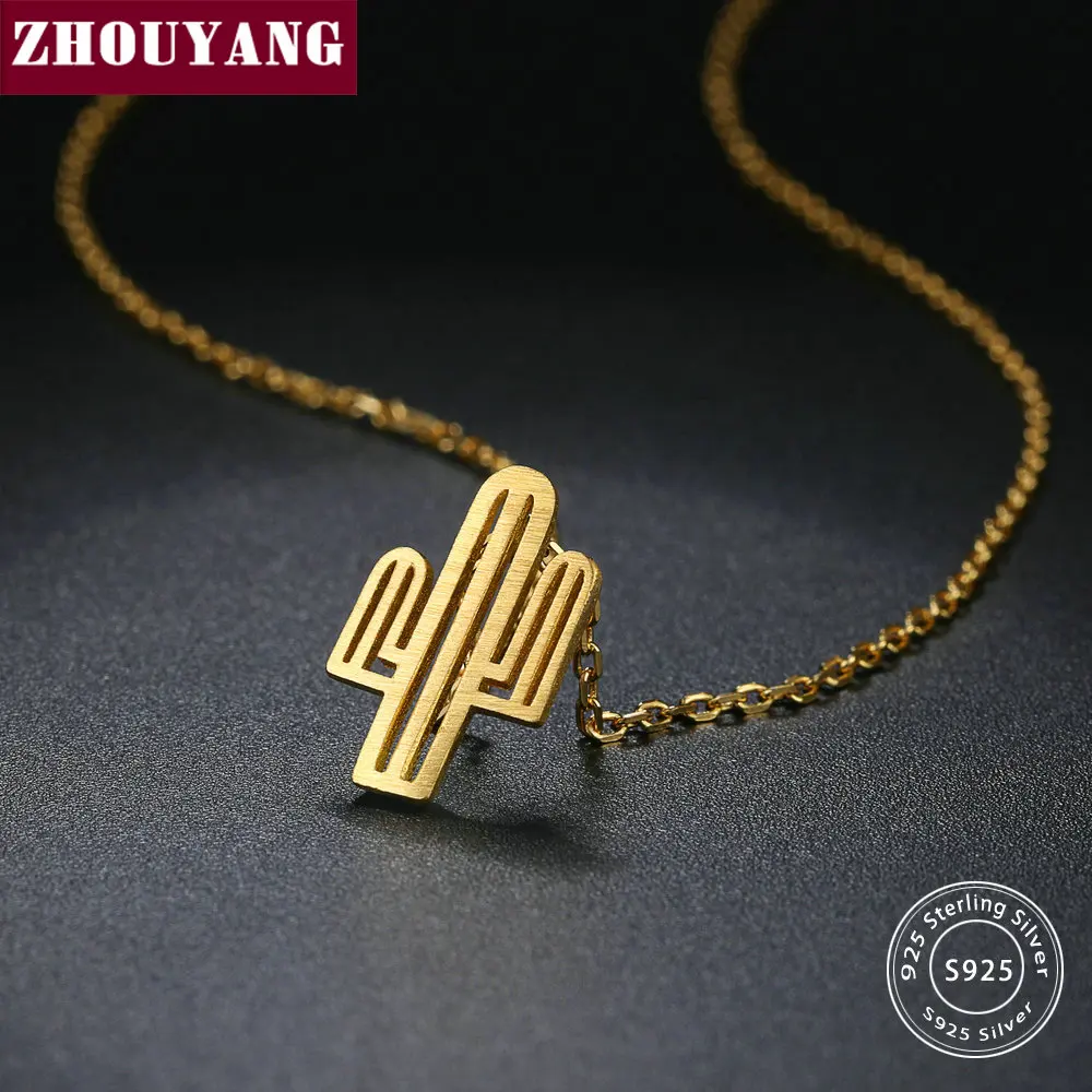 

S925 Pendant Necklace for Women Simple Style Gold Color Cactus Shaped 925 Sterling Silver Fashion Jewelry Wedding NY062 ZHOUYANG