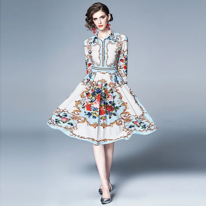 

2019 New Autumn Fashion Runway Dress Women's Long Sleeve Charming Flower Print Striped A Line Pleated Holiday Casual Shirt Dress