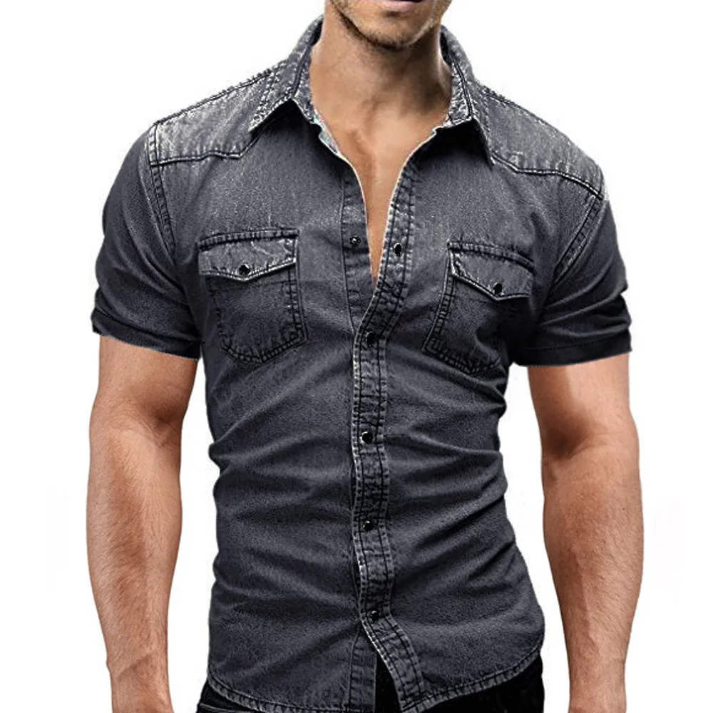 denim shirt men summer Fashion Casual Lapel shirt men short sleeve camisa hombre button up men jeans shirt Pocket d90629