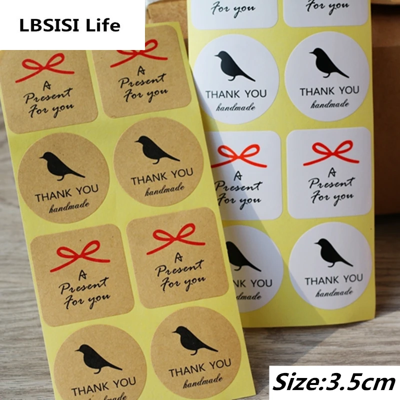 

400pcs Hand Made Red Bowknot Bird Tags Labels Gift Packing Bag Stickers Home Decoration Self Adhesive Kraft White Paper Sticker