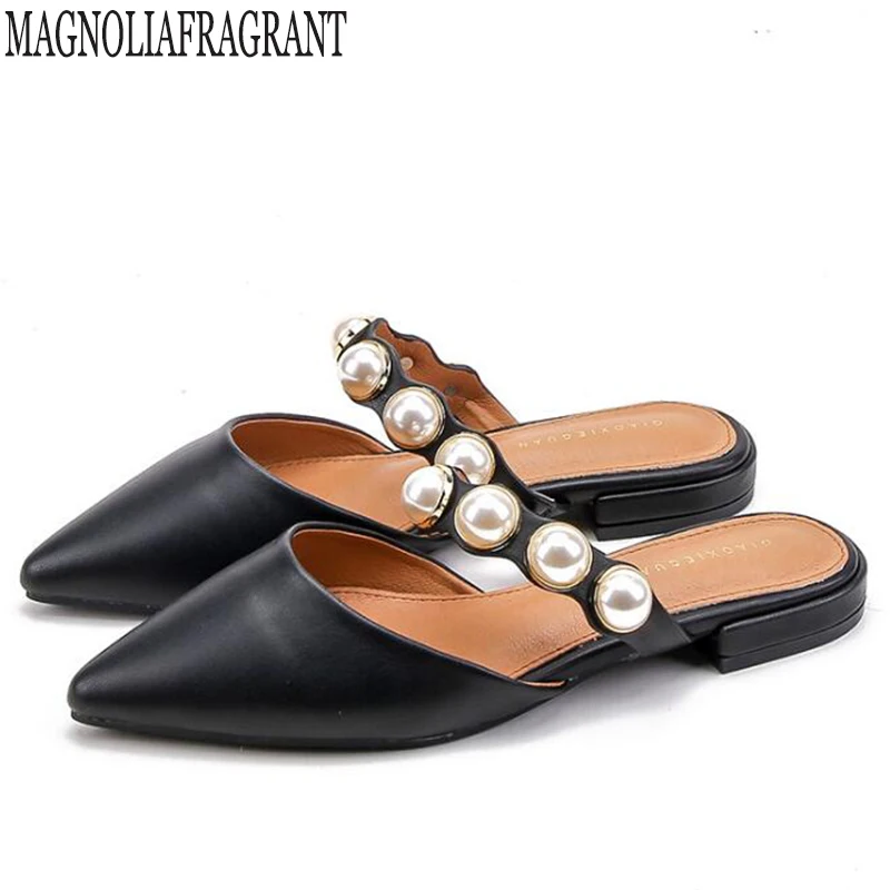 

new Summer Fashion Women Pointed Toe Slipper pearl Square Low sandals Outsides Ladies Slides Luxury Brand Beach Mules Shoes c851
