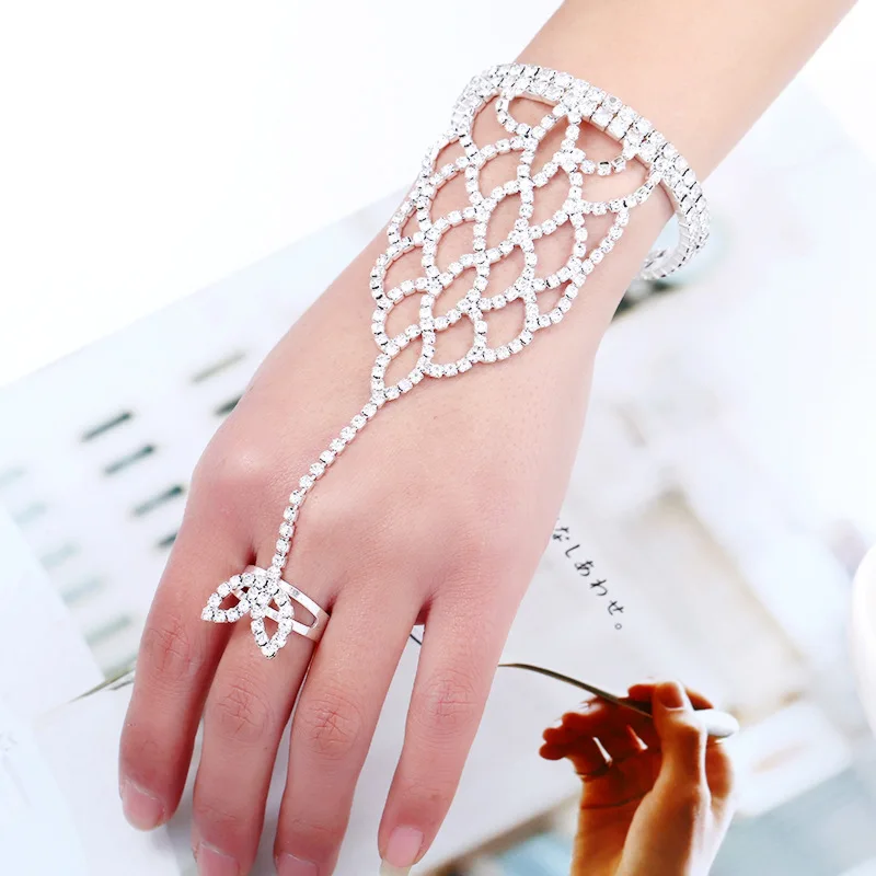 

Adjustable Crystal Rhinestone Finger Ring Bracelet Set Wedding Party Bridal Bangles & Bracelets Fashion Jewelry Gifts For Women