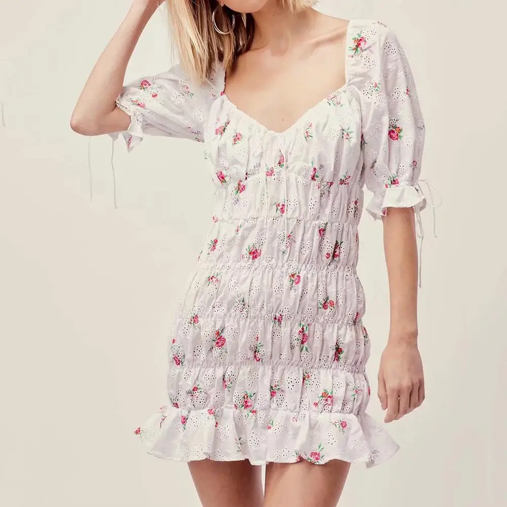 Женское платье мини Boho белое ажурное с о вырезом и рукавами фонариками лето
