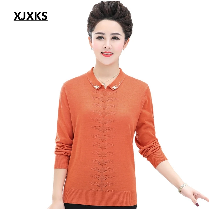 

XJXKS Spring Turn-down Collar Women Sweaters And Pullovers Middle-aged Plus Size Top Knitted Casual Vintage Women Sweater