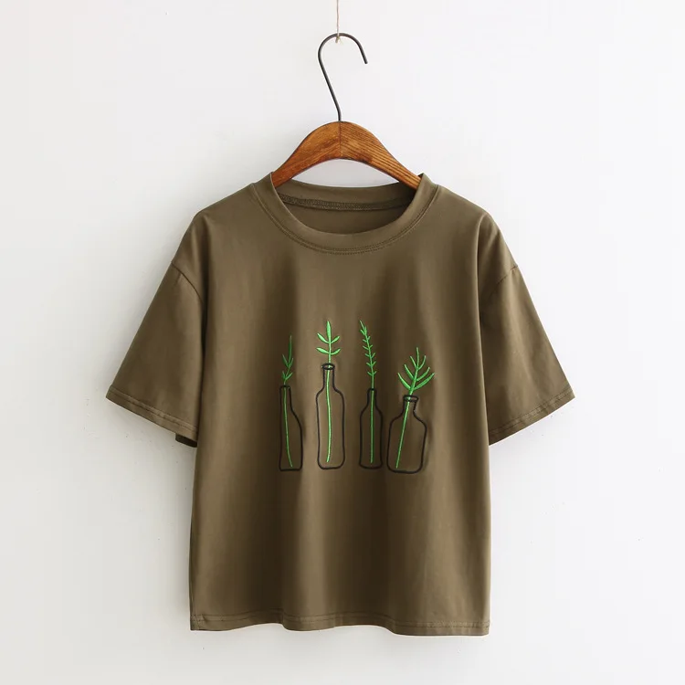 LUNDUNSHIJIA футболка с вышивкой в виде вазы, женские топы, Женская Повседневная футболка, летняя модная футболка, летняя 4347