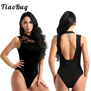 

TiaoBug Women Sleeveless Halter Ballet Leotards Dance Wear Adult Soft Cotton Lace Splice Gymnastics Leotard Stage Dance Costume