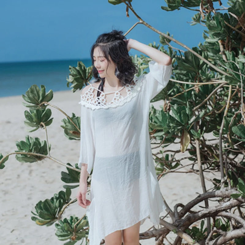

Mujer Female 2018 Summer Women New Bikini Beach Cover-up Hollow Out Tunic Bathing Suit Ladies Beach Wear Chiffon Blouse T0164