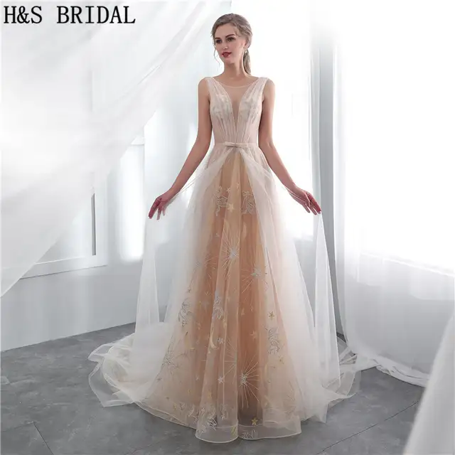 H S Bridal Champagne Simple Wedding Dress Sexy Sheer Lace Beach