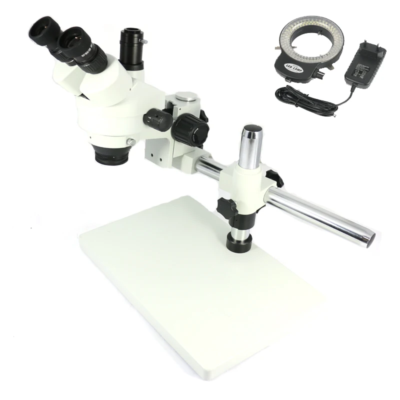  Single Dual arm 7X-45X Simul Focal Trinocular stereo microscope +144 adjustable led Ring lights for