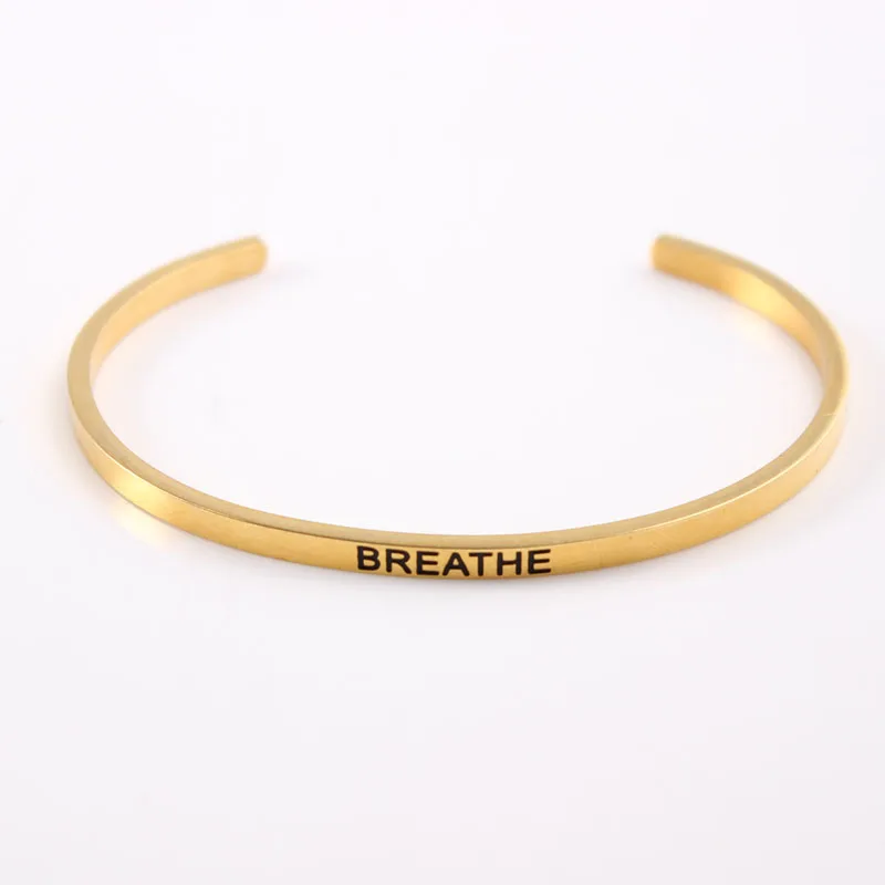 

Fashion Breathe Gold Stainless Steel Engraved Positive Inspirational Quote Cuff Mantra Bracelet Bangle FOR LOVERS Best Gifts