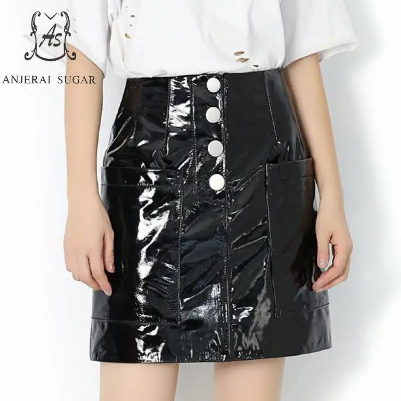 

Autumn winter Genuine leather skirts women black High waist pocket Package hip sheepskin female A line mini Patent leather skirt