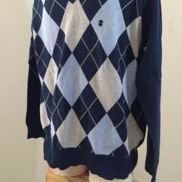 IZOD mens sweater L large blue argyle v neck long sleeve 100% cotton (2)