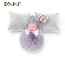 ZOEBER Sleeping Baby Doll Keychain Pompom Rabbit Fur Ball Key Chain Car Keyring Women Key Holder Bag Pendant Charm Accessories