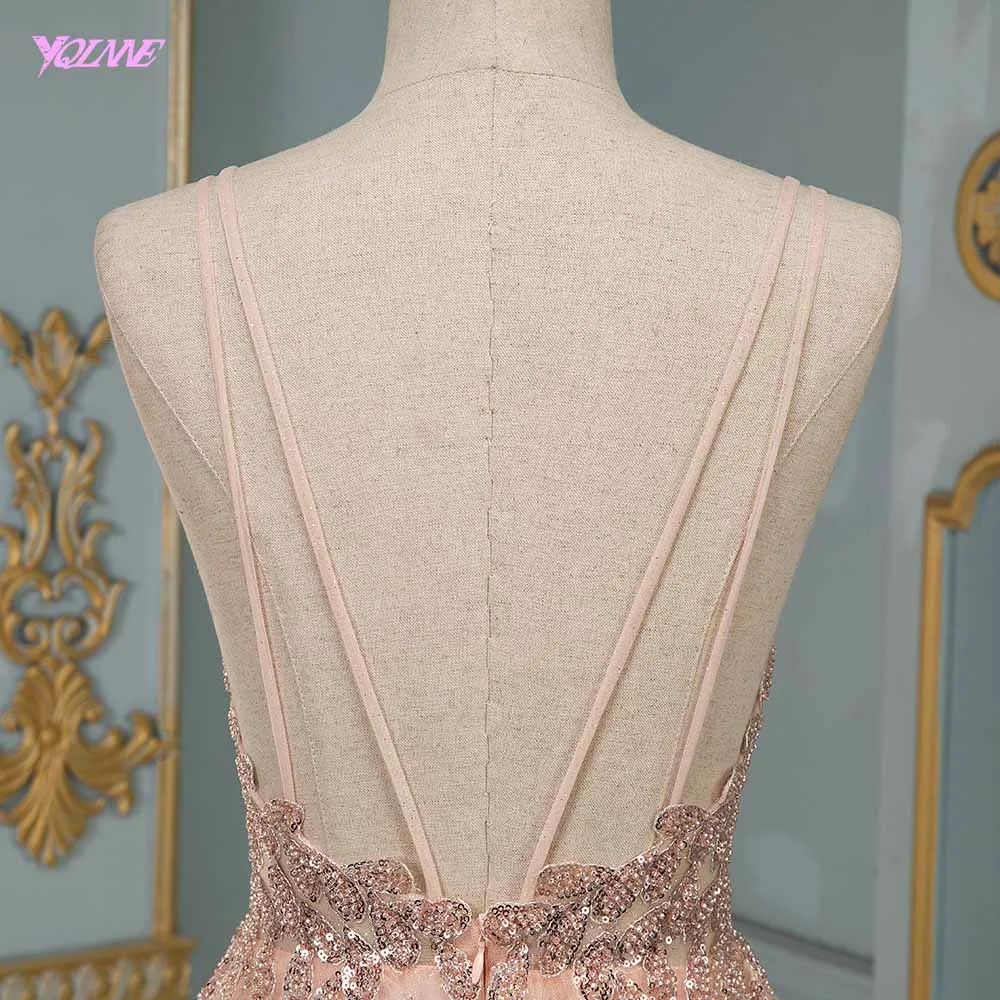 Сексуальные розовые длинные платья выпускного вечера Спагетти тюль бисером спинки Вечерние платья YQLNNE