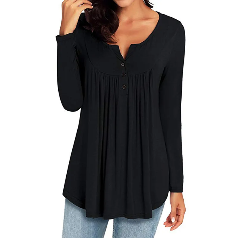Women Long Sleeve Tee Shirt 2019 Casual Button V Neck