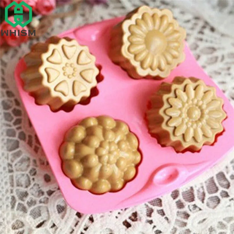 

WHISM 4 Flowers Silicone Cake Mold Ice Cream Chocolate Molds Soap Silicone Molds 3D Cupcake Baking Dish Mooncake Pan Bakeware