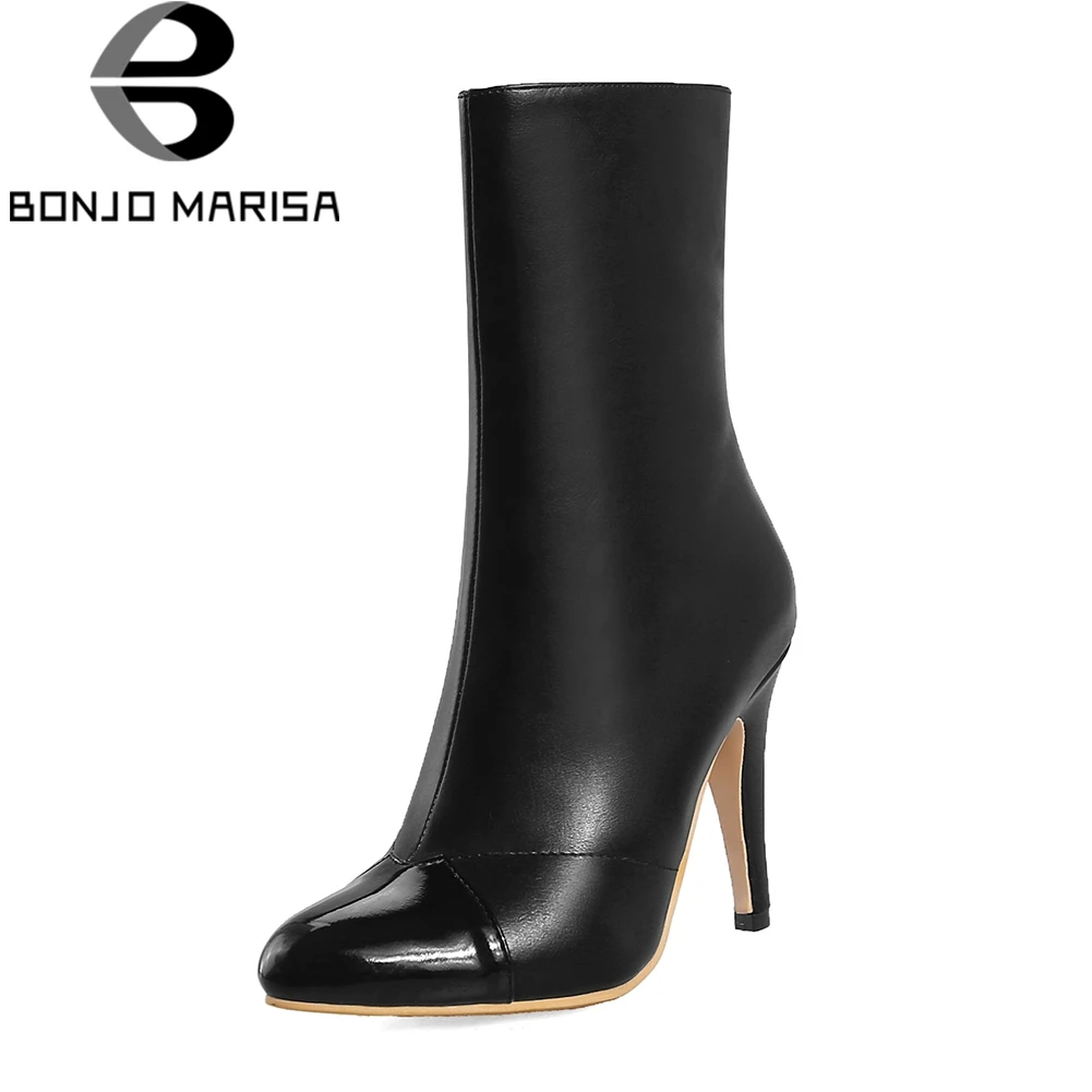 

BONJOMARISA Brand Plus Size 28-50 Pointed Toe New mid-calf Boots Women Autumn Winter 2018 Mature Black High Heels Shoes Woman