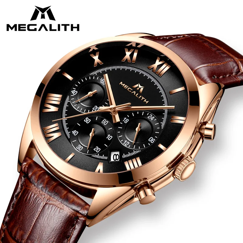 

MEGALITH Men's Fashion Luxury Watch Waterproof Chronograph Date Calendar Sport Quartz Watches Mens Brown Leather Wristwatches