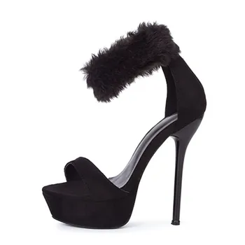 

SHOFOO shoes, Beautiful fashion women's shoes, suede, about 14.5 cm high-heeled sandals, women's sandals, banquet shoes.