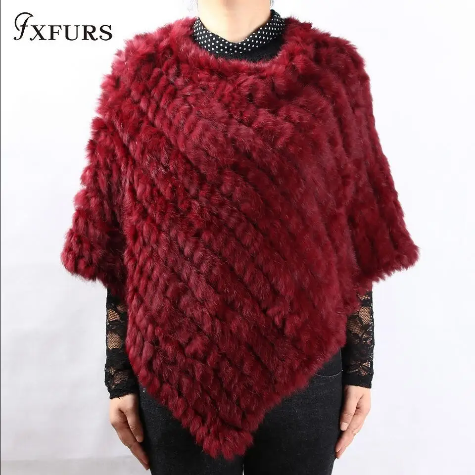 FXFURS/Лидер продаж, зимние женские меховое пончо с кроличьим мехом, пуловер с треугольным кроличьим мехом, шаль, модный жилет, цветной, в виде кролика, жилетки - Цвет: wine red