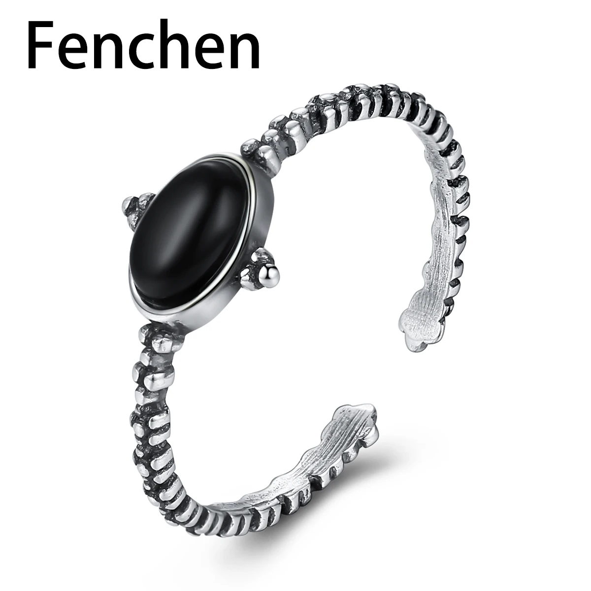 

Fenchen Fascinating Sterling Silver 925 Open Rings for Women Created Obsidian Wedding Ring Fine Jewelry Halloween Gifts AR089