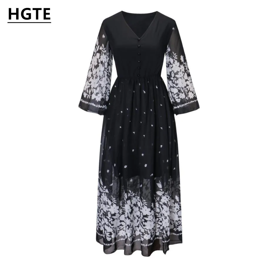 

HGTE 2018 autumn and winter Ethnic style Vintage dress women's clothing print v-neck temperament party vestidos midi dress