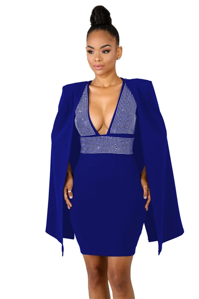 Adogirl, бриллианты, сексуальное облегающее платье с глубоким v-образным вырезом, с накидкой, для женщин, без рукавов, мини-Клубные платья для вечеринок, съемная накидка, пончо - Цвет: blue dress