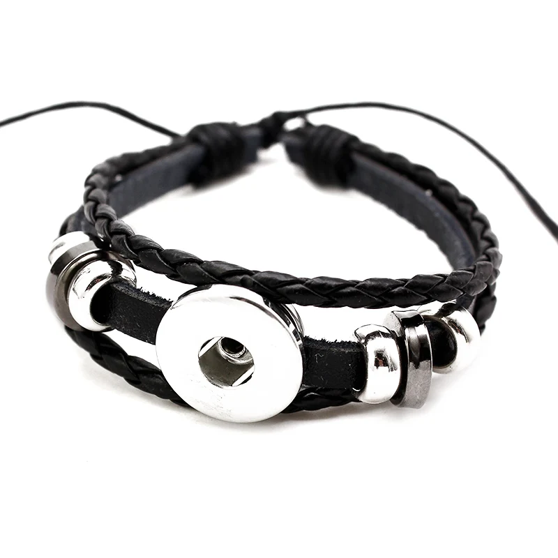 Snap Leather Bracelet Retro Handmade Braided Leather Snap Button Bracelets & Bangles 10pcs Fit 18mm Jewelry
