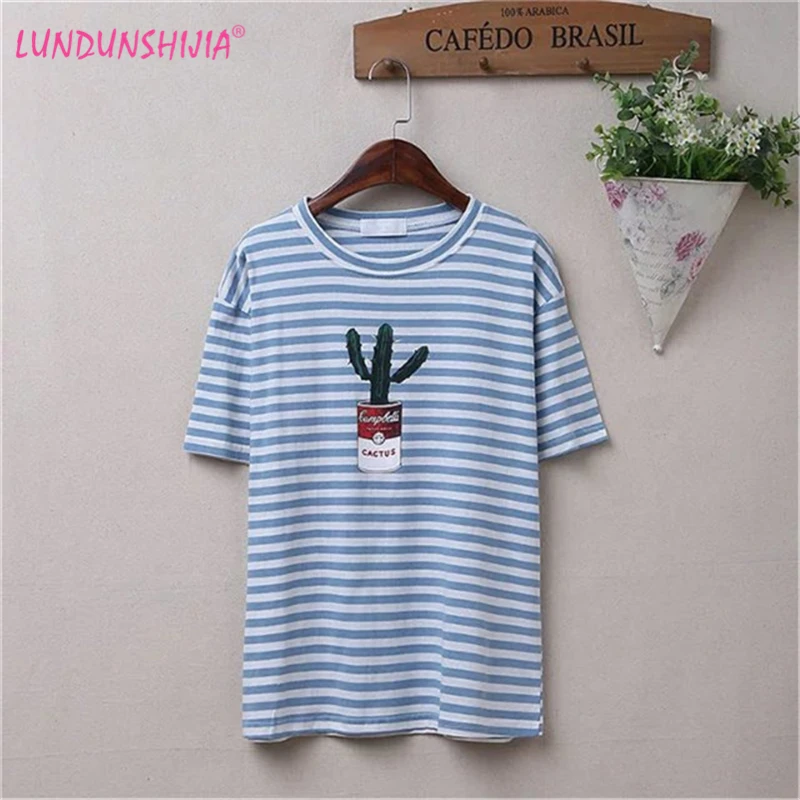 

LUNDUNSHIJ 2017 Summer Women Desert Cactus Printed Stripe T Shirts Cute Casual Short Sleeve Girl T-Shirts O Neck Loose Tops Tees