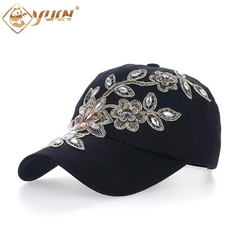 

2017 Vintage Style Adjustable Hat Floral Embroidery Rhinestone Curved Baseball Cap For Women B038