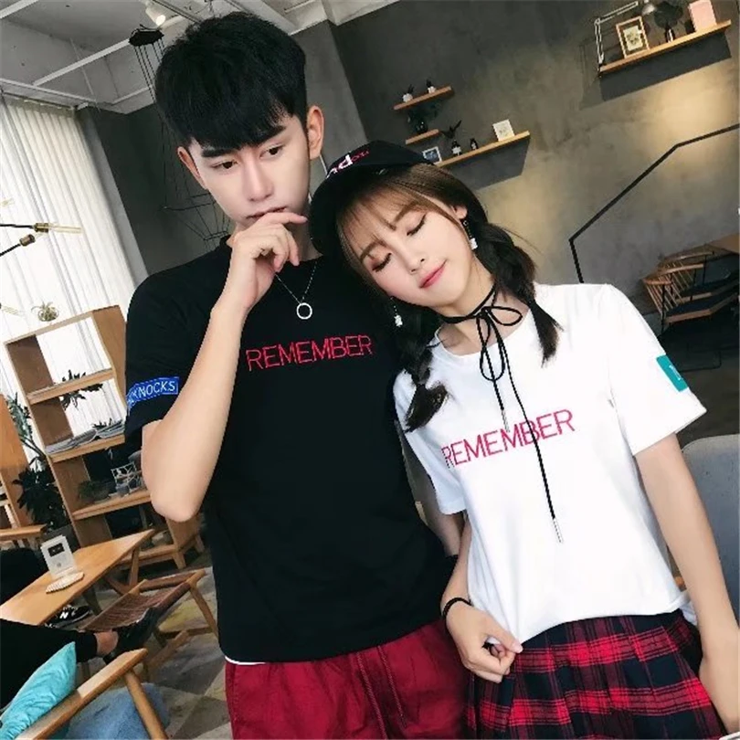 

Yaffa Tamin Fashion Couple T-Shirt Summer Women Man Letter Pattern Design Solid Color Tees Soft Spandex Fabric Tops For Lover