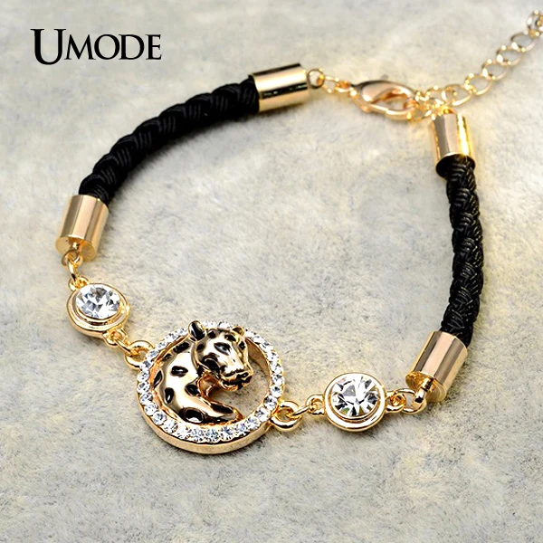 

UMODE Brand Yellow Gold Color Rhinestones Leopard Pattern Charm With Double Side Rope Chain Bracelets For Women Jewelry AUB0064