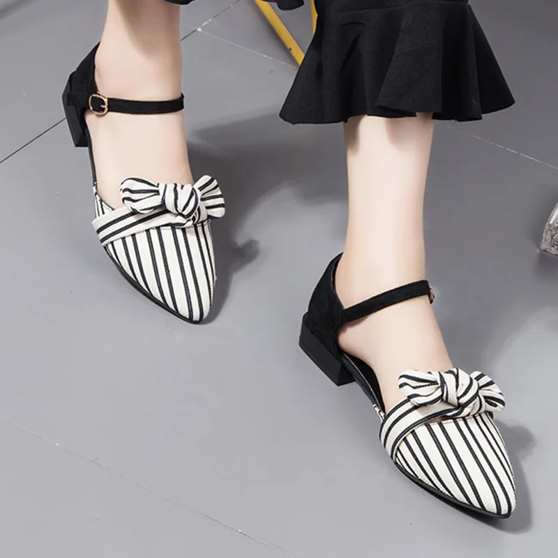 

Summer Women Sandals Pointed Toe Ankle Strap Sandals Striped Flat Sandals Woman Flats Bow Ladies Shoes zapatos mujer 6592
