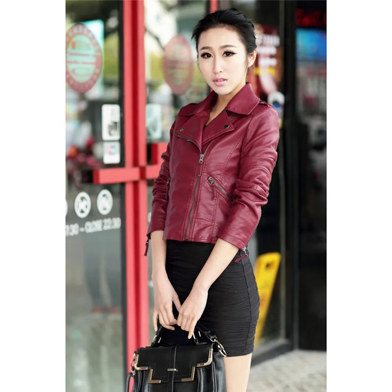 Женское пальто из искусственной кожи черного, винного, красного цвета, большие размеры, куртка из искусственной кожи, осенняя корейская мода, короткое, тонкое, на молнии, с карманами, JD338