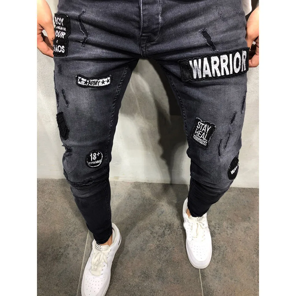 

KLV Men Autumn Skinny Stretch Solid Denim Trousers Zipper Ripped Mid Waist Pant Casual Pencil Jeans Fashion Design 20190307