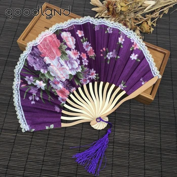 

Free Shipping 5pcs New Arrival with Gift Bags Lace Edge Cherry Blossom Print Fabric Folding Held Hand Fan Birthday Decoration