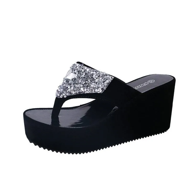 

Women Slippers Women Sandals 2019 Summer New Fashion Rhinestones High Heels Shoes Wedges Toe Flip-flops Slippery Beach Slippers