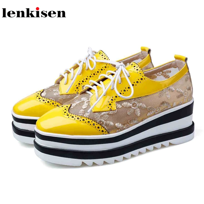 

Lenkisen genuine leather air mesh embroidery preppy style lace up square toe thick bottom women pumps summer Oxford shoes L5f5