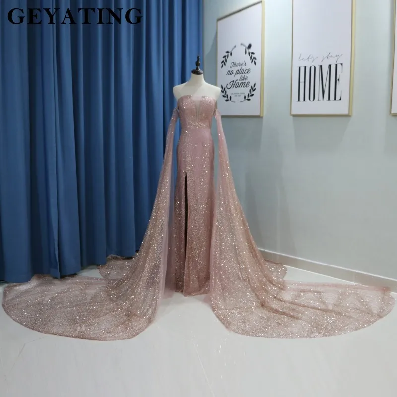 Сверкающее розовое золото Русалочка арабское выпускное платье со съемными длинными рукавами со шлейфом для подиума пышное платье вечерние платья