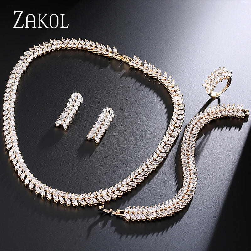 

ZAKOL Top Quality Gold-color Cubic Zircon Plant Jewelry Set for Women Dinner Dess Jewelry FSSP289