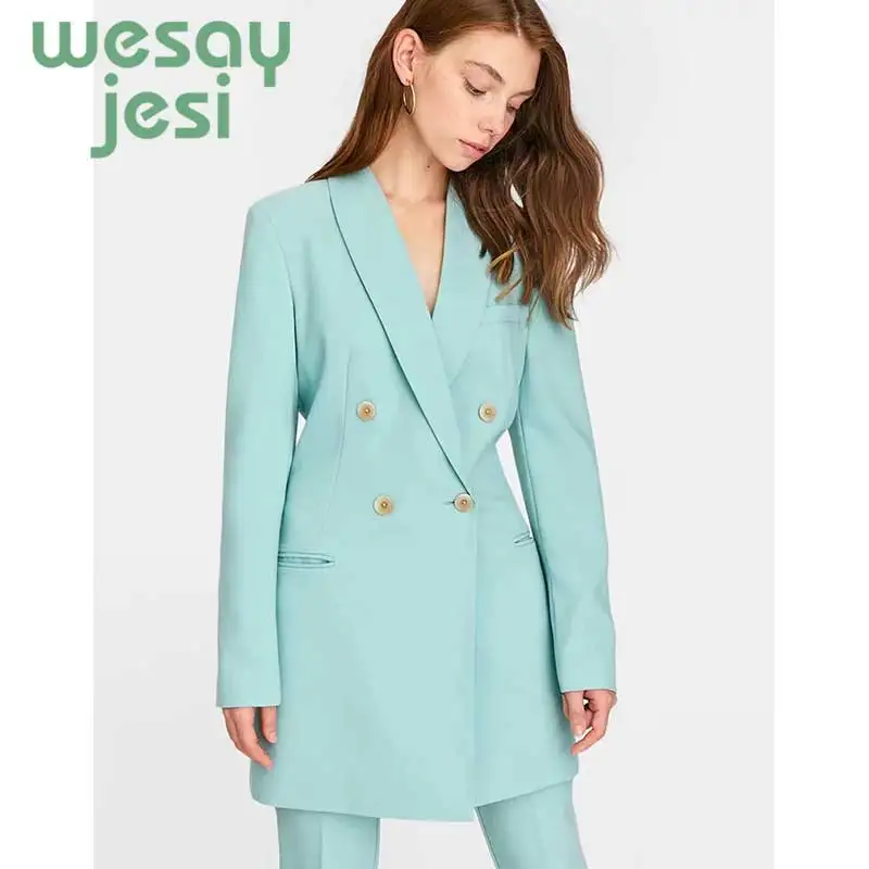 2019 Women chic blue blazer pockets double breasted long sleeve office wear coat solid female casual fashion outerwear tops