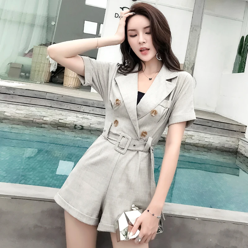 

Summer Lady Blazer style Playsuits Women One Piece Overalls Office uniform Wide leg Short Jumpsuits vintage Loose rompers B80401